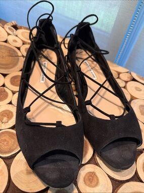 Manolo Blahnik Black Suede Lace-Up Peep-Toe Flats